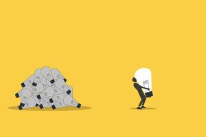 Businessman find lightbulb idea. Wasted unworkable ideas, business failure or too many abandoned projects concept, frustrated vector