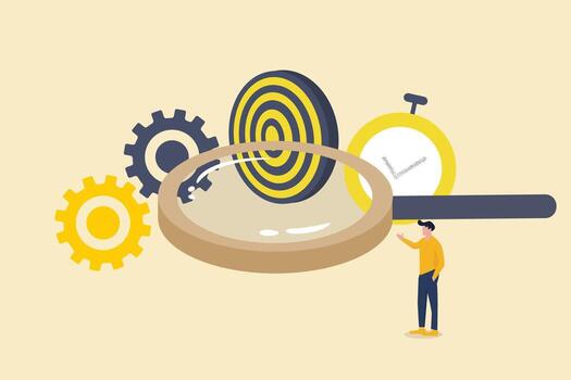 Businessman looking at time, gear and target through magnifying glass. Concept of effective time control, tracking and monitoring, task management, work planning, productivity vector