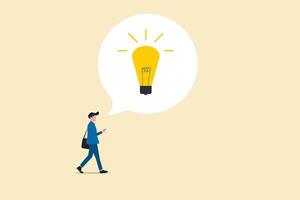 Businessman holding smart phone thinking and got bright lightbulb lamp. Business idea, businessman company leader got solution to solve business problem or creativity thinking concept, smart vector