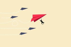 Leadership success concept red paper plane. Think differently, new idea, change, trend, courage, creative solution, innovation concept. vector