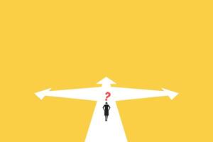 business woman confused in front of a crossroad with road split in three different ways as arrows. 1 vector