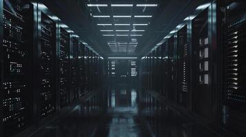 Multiple rows dark monochrome server room data center operational server racks telecommunications, cloud computing, artificial intelligence, database, super computer technology photo