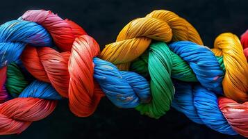 Colorful ropes with each strand having a different color twisted and knotted, concept of teamwork diverse strength connect partnership together unity communicate support photo
