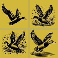 flying and landing with water droplets around it wild ducks Silhouettes set vector