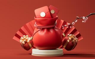 Red package with red Chinese ancient fan background, 3d rendering. photo