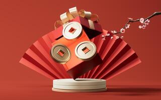 Gift box with red Chinese ancient fan background, 3d rendering. photo