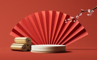 Red Chinese ancient fan background, 3d rendering. photo
