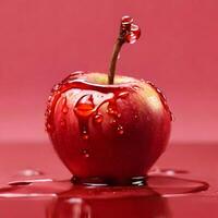 red-apple with water drop isolated in red background photo