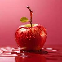 red-apple with water drop isolated in red background photo