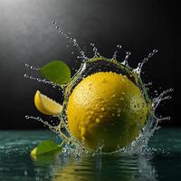 lemon with water splash background AI generate images photo