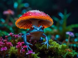 Psychedelic Multi-colored Rainbow mushrooms glowing with neon light in a mysterious dark forest photo