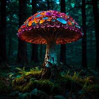 Psychedelic Multi-colored Rainbow mushrooms glowing with neon light in a mysterious dark forest photo