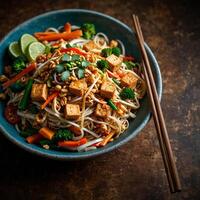 Chinese rice noodles with tomatoes small mutton stir-fried carrot slice and an array in a bowl on a table photo