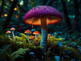 Psychedelic Multi-colored Rainbow mushrooms glowing with neon light in a mysterious dark forest photo