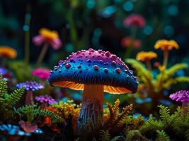 Psychedelic Multi-colored Rainbow mushrooms glowing with neon light in a mysterious dark forest photo