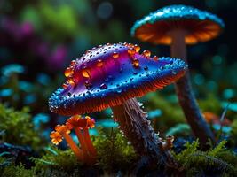 Psychedelic Multi-colored Rainbow mushrooms glowing with neon light in a mysterious dark forest photo