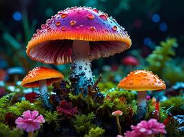 Psychedelic Multi-colored Rainbow mushrooms glowing with neon light in a mysterious dark forest photo