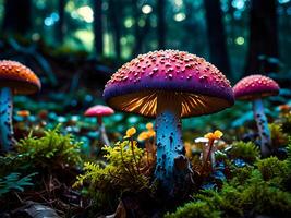 Psychedelic Multi-colored Rainbow mushrooms glowing with neon light in a mysterious dark forest photo