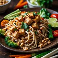 Chinese rice noodles with tomatoes small mutton stir-fried carrot slice and an array in a bowl on a table photo