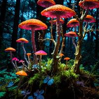 Psychedelic Multi-colored Rainbow mushrooms glowing with neon light in a mysterious dark forest photo