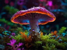 Psychedelic Multi-colored Rainbow mushrooms glowing with neon light in a mysterious dark forest photo