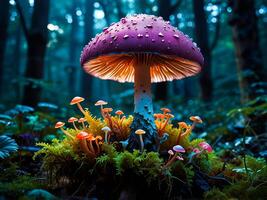 Psychedelic Multi-colored Rainbow mushrooms glowing with neon light in a mysterious dark forest photo