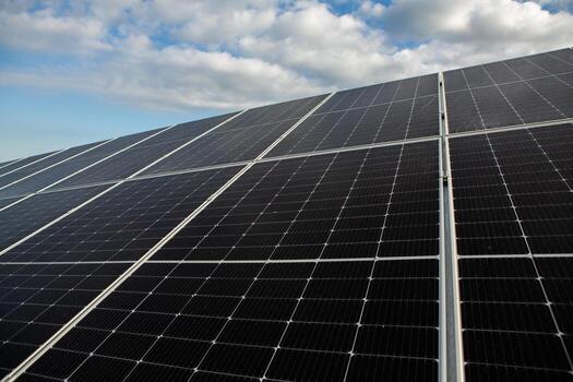 Solar power station or panels, photovoltaics, alternative source of electricity. Concept of sustainable and renewable sources. photo