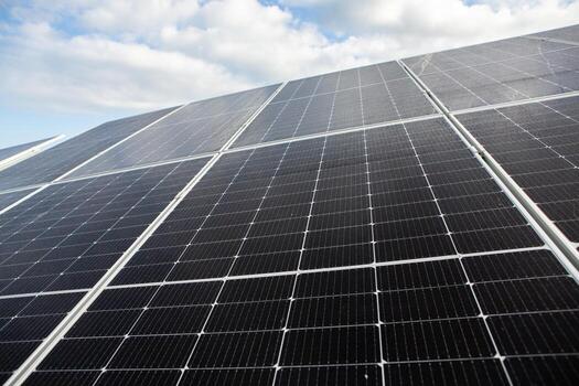 Solar power station or panels, photovoltaics, alternative source of electricity. Concept of sustainable and renewable sources. photo