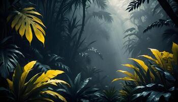 Tropical forest background, jungle background with border made of tropical leaves with empty space in center, copy space. photo