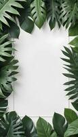 Tropical forest background, jungle background with border made of tropical leaves with empty space in center, copy space. photo