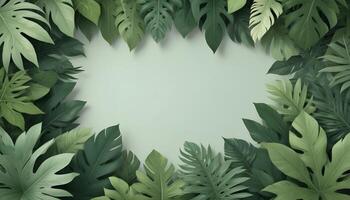 Tropical forest background, jungle background with border made of tropical leaves with empty space in center, copy space. photo