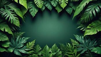 Tropical forest background, jungle background with border made of tropical leaves with empty space in center, copy space. photo