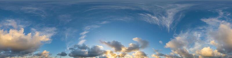 Dark blue sunset sky panorama with Cumulus clouds. Seamless hdr pano in spherical equirectangular format. Complete zenith for 3D visualization, game and sky replacement for aerial drone 360 panoramas. photo