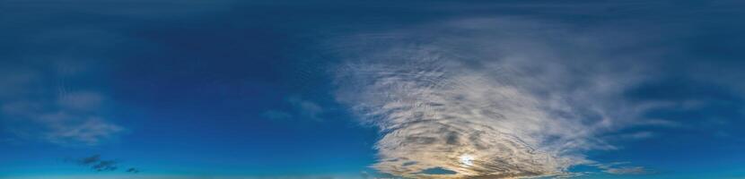 Blue sky with Cirrus clouds Seamless panorama in spherical equirectangular format. Complete zenith for use in 3D graphics, game and for composites in aerial drone 360 degree panoramas as a sky dome photo