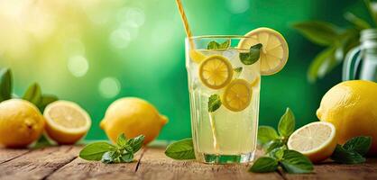 Lemonade with lemons and mint leaves, tall glass of lemonade on rustic wooden table. Served chilled, enhancing freshness, evokes sense of summer refreshment. photo