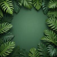 Tropical forest background, jungle background with border made of tropical leaves with empty space in center, copy space. photo