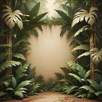 Tropical forest background, jungle background with border made of tropical leaves with empty space in center, copy space. photo