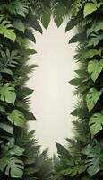 Tropical forest background, jungle background with border made of tropical leaves with empty space in center, copy space. photo