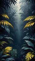 Tropical forest background, jungle background with border made of tropical leaves with empty space in center, copy space. photo