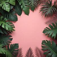 Tropical forest background, jungle background with border made of tropical leaves with empty space in center, copy space. photo