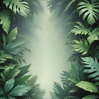 Tropical forest background, jungle background with border made of tropical leaves with empty space in center, copy space. photo