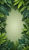 Tropical forest background, jungle background with border made of tropical leaves with empty space in center, copy space. photo