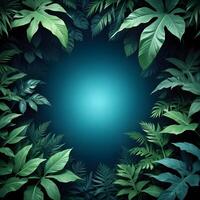 Tropical forest background, jungle background with border made of tropical leaves with empty space in center, copy space. photo
