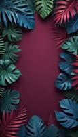 Tropical forest background, jungle background with border made of tropical leaves with empty space in center, copy space. photo