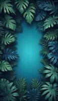 Tropical forest background, jungle background with border made of tropical leaves with empty space in center, copy space. photo