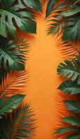 Tropical forest background, jungle background with border made of tropical leaves with empty space in center, copy space. photo