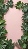 Tropical forest background, jungle background with border made of tropical leaves with empty space in center, copy space. photo