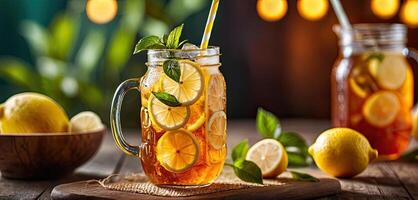 ice lemon tea, lemon, Served on wooden surface, Accompanied by lemon slices, set against warm ambient lighting evokes sense of refreshment photo