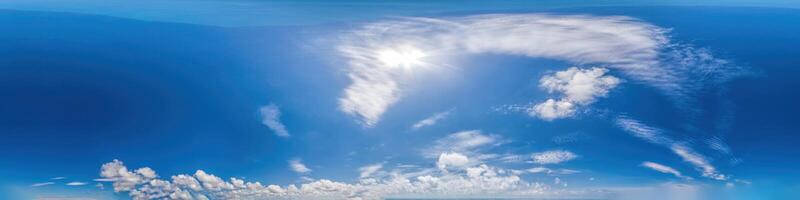 Seamless panorama of sky with light clouds in spherical equirectangular format with complete zenith for use in 3D graphics, game and for composites in aerial drone 360 degree panoramas as a sky dome. photo