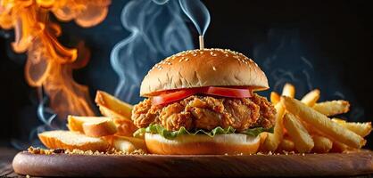 Chicken burger on wooden table with smoke on dark background. Fried crispy chicken culinary presentation photo